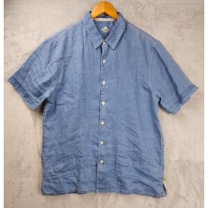 True Grit Mens Large Linen Chambray Button Down Short Sleeve Shirt Blue